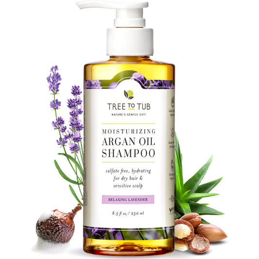 The Tree To Tub Argan Oil Hydrating Shampoo for Dry Scalp & Hair features a pump bottle with lavender and argan oil illustrations. It highlights a sulfate-free formula ideal for dry hair and sensitive scalps, enriched with soothing lavender.
