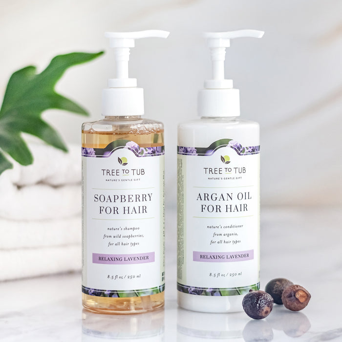 Displayed are two Tree To Tub products: the left is an Argan Oil Hydrating Shampoo for Dry Scalp & Hair, and the right is a hydrating conditioner with a lavender scent. They sit elegantly on a white surface, accompanied by soap nuts.