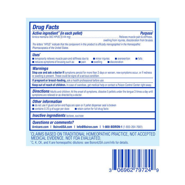 The image shows a Boiron Arnica Montana 30C medicine box with Drug Facts, detailing active ingredients (Arnica montana), purposes, warnings, directions, and inactive ingredients. This homeopathic medicine alleviates pain, swelling, bruising, and muscle pain. Contact information is included at the bottom.