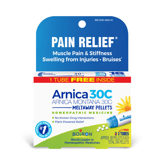 The image features a box of Boirons Arnica Montana 30C homeopathic pellets, effective for muscle pain relief by reducing stiffness and swelling from injuries and bruises, with 240 meltaway pellets conveniently split into three tubes.