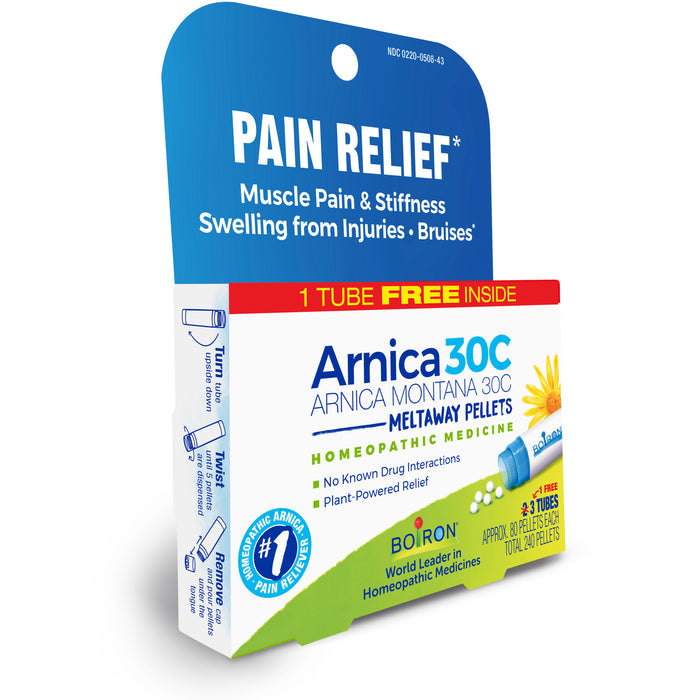 Boiron Arnica Montana 30C Meltaway Pellets, in a box highlighting relief for muscle pain, stiffness, and swelling from injuries or bruises. This homeopathic Arnica montana medicine claims No Known Drug Interactions and includes a Free Tube Inside.