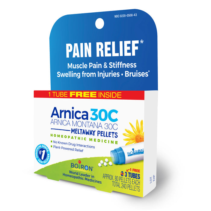 The packaging for Boirons Arnica Montana 30C emphasizes homeopathic benefits, features Muscle Pain Relief for Muscle Pain & Stiffness, states 1 Tube Free Inside, and boasts being plant-powered with no known drug interactions. It contains about 240 meltaway pellets.