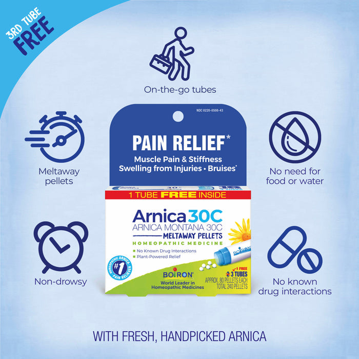 A product image shows a box of Arnica 30C Meltyway Pellets, claiming to offer pain relief from muscle pain, stiffness, and swelling. The packaging promotes ease of use with on-the-go tubes, meltaway pellets, and no known drug interactions.