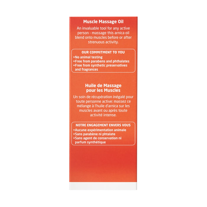 The Weleda Arnica Muscle Massage Oil box, with English and French text, is described as ideal for active people. It offers relief from muscle aches with essential oils, and ensures no animal testing or synthetic preservatives and fragrances.