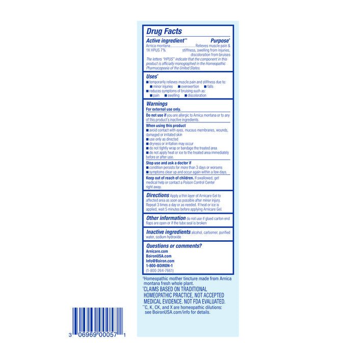 The image shows the back of Boirons Arnicare Gel packaging, highlighting drug facts. It details active ingredients derived from Arnica plants, uses for bruise treatment, warnings, usage directions, and contact information—all framed in blue-bordered boxes on a white background.