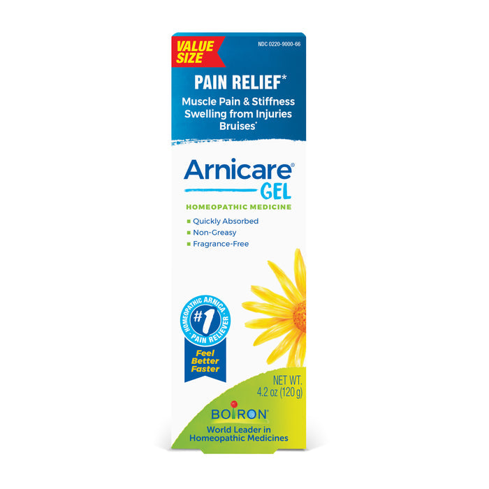 Boirons Arnicare Gel, featuring Arnica plants, is perfect for pain relief from muscle pain, stiffness, and swelling. It is quickly absorbed, non-greasy, fragrance-free, and effective as a bruising treatment. The packaging showcases a yellow flower alongside the Boiron logo.