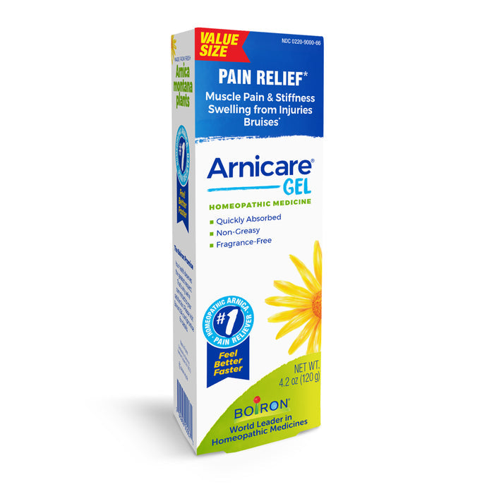 A value-sized 4.2 oz box of Boiron Arnicare Gel, featuring Arnica plants and labeled as a homeopathic medicine for pain relief, highlights quick absorption, non-greasy, fragrance-free properties ideal for bruising treatment. The packaging includes an image of a yellow flower on the front.