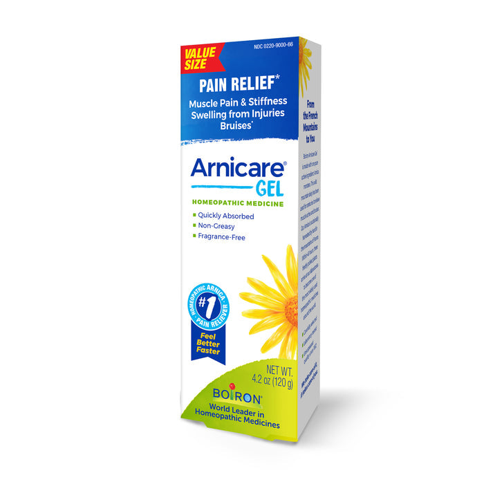 The image shows Boirons Arnicare Gel box, a homeopathic remedy for pain relief and bruise treatment. It addresses muscle pain, stiffness, and swelling. The white box with blue and green text features an Arnica flower illustration and emphasizes its non-greasy, fragrance-free formula.