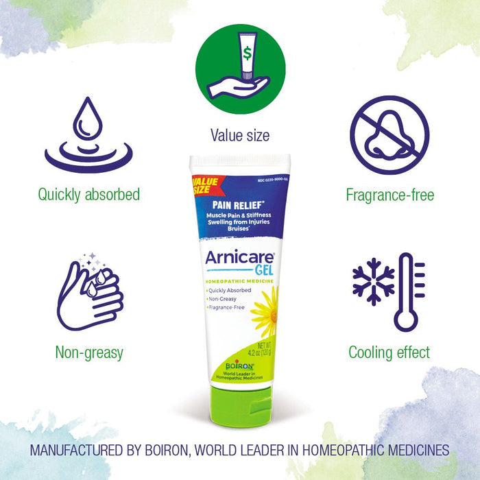 Tube of Arnicare Gel by Boiron against a decorative background. The tube highlights its main features: quickly absorbed, non-greasy, fragrance-free, cooling effect, and value size. Text at the bottom reads "Manufactured by Boiron, World Leader in Homeopathic Medicines.