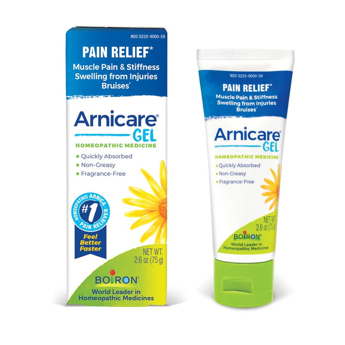 Boiron Arnicare Gel comes in a box and tube featuring a blue, green, and white design with a yellow flower image. The packaging indicates it is formulated for the pain relief of muscle pain, stiffness, swelling, and bruises. This trusted Boiron Arnicare Gel helps soothe discomfort from everyday bumps and injuries.