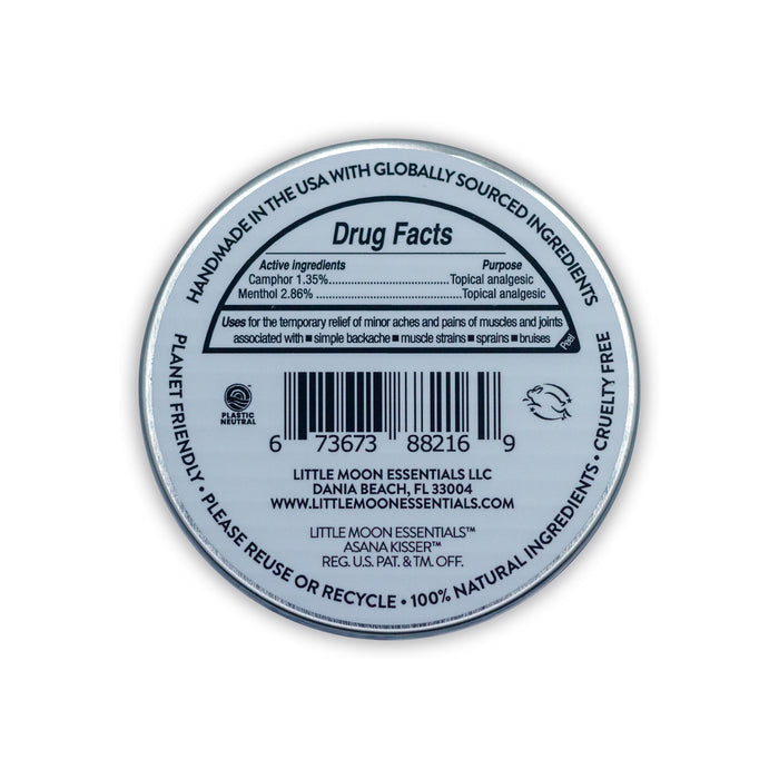 The Asana Kisser™ Pain Relief Salve by Little Moon Essentials features Camphor (1.35%) and Menthol (2.18%) in a circular tin labeled Drug Facts, providing pain relief for sore muscles and joints. Ideal for yoga enthusiasts, it is made in the USA with planet-friendly, recyclable packaging.