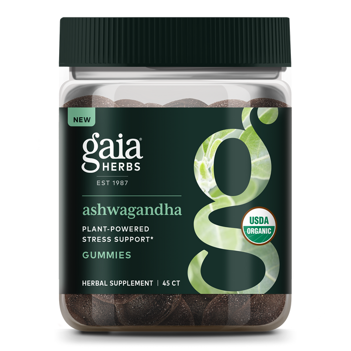A jar of Gaia Herbs Ashwagandha Gummies with a green label displaying the Gaia Herbs logo features Plant-Powered Stress Support and USDA Organic. This dietary supplement offers 45 herbal gummies for stress reduction.
