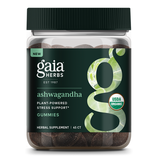 A jar of Gaia Herbs Ashwagandha Gummies with a green label displaying the Gaia Herbs logo features Plant-Powered Stress Support and USDA Organic. This dietary supplement offers 45 herbal gummies for stress reduction.
