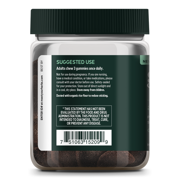 Gaia Herbs Ashwagandha Gummies are in a transparent jar with a back label advising adults to chew three daily as a dietary supplement. The label highlights stress reduction, has an FDA non-evaluation disclaimer, and features a barcode at the bottom.