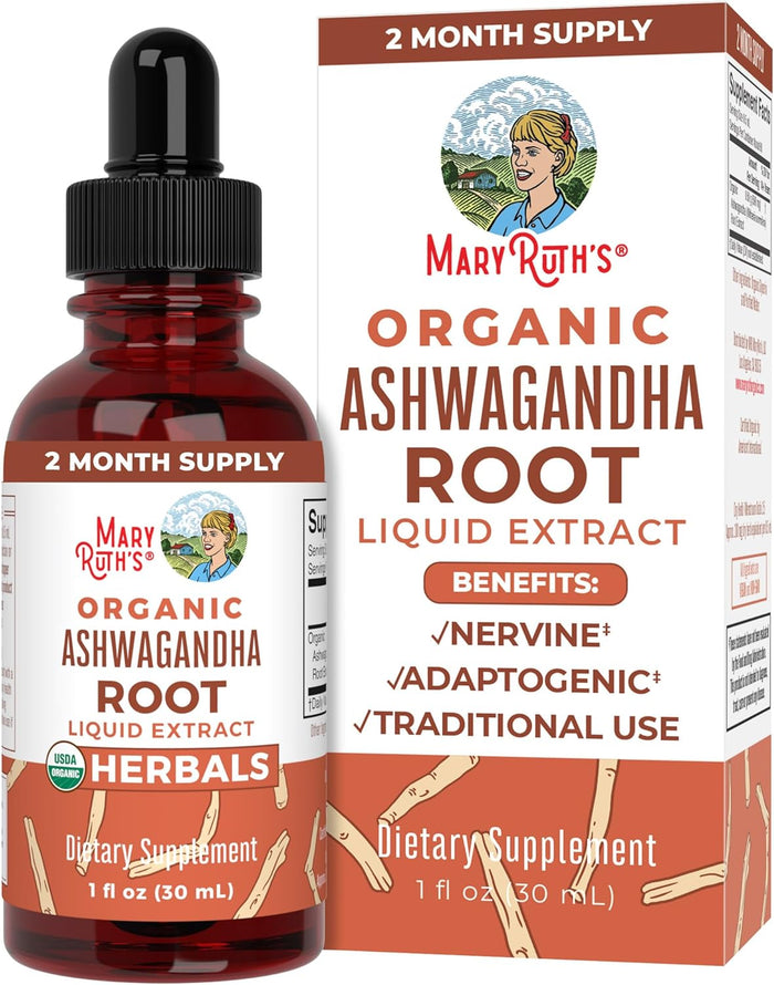 A bottle of MaryRuths Ashwagandha Root Liquid Drops is next to its box, featuring stress support, adaptogenic benefits, and traditional Ayurveda use. This dietary supplement offers a 2-month supply in a 1 fl oz (30 ml) brown bottle.