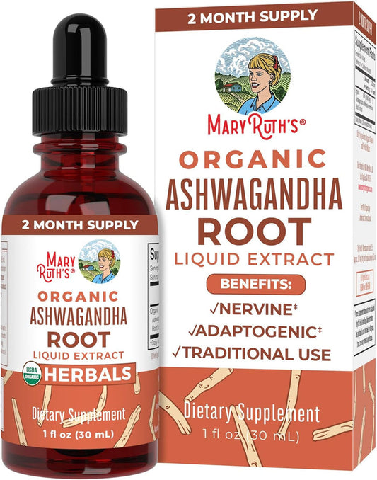 A bottle of MaryRuths Ashwagandha Root Liquid Drops is next to its box, featuring stress support, adaptogenic benefits, and traditional Ayurveda use. This dietary supplement offers a 2-month supply in a 1 fl oz (30 ml) brown bottle.