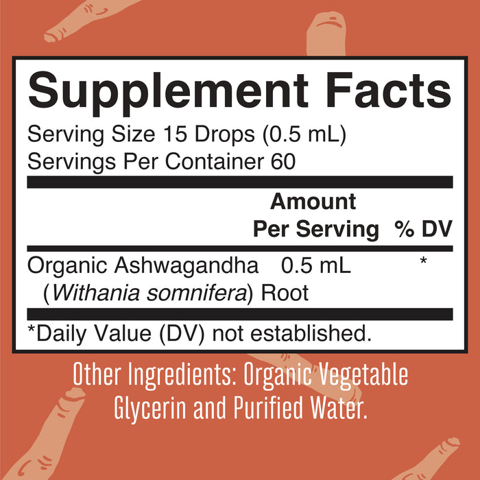 MaryRuths Ashwagandha Root Liquid Drops feature organic Ashwagandha root extract, famous in Ayurveda for stress support. The supplement label on an orange background lists a serving size of 15 drops (0.5 mL) with 60 servings per container. Ingredients are organic vegetable glycerin and purified water.