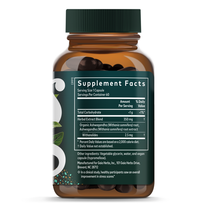 A brown plastic bottle with a green lid labeled Gaia Herbs Ashwagandha Root contains 60 capsules per container, each capsule providing a supplement blend of 350 mg Ashwagandha Root and 2.5 mg withanolides.