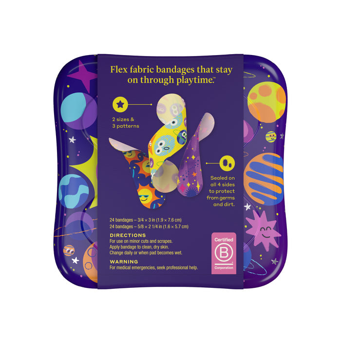 Check out Wellys Assorted Space Adhesive Bandages, a latex-free set featuring vibrant space-themed designs with planets and stars. Made from Flex fabric, these bandages come in two sizes, three patterns, and stay on through playtime. Includes clear directions and a warning.