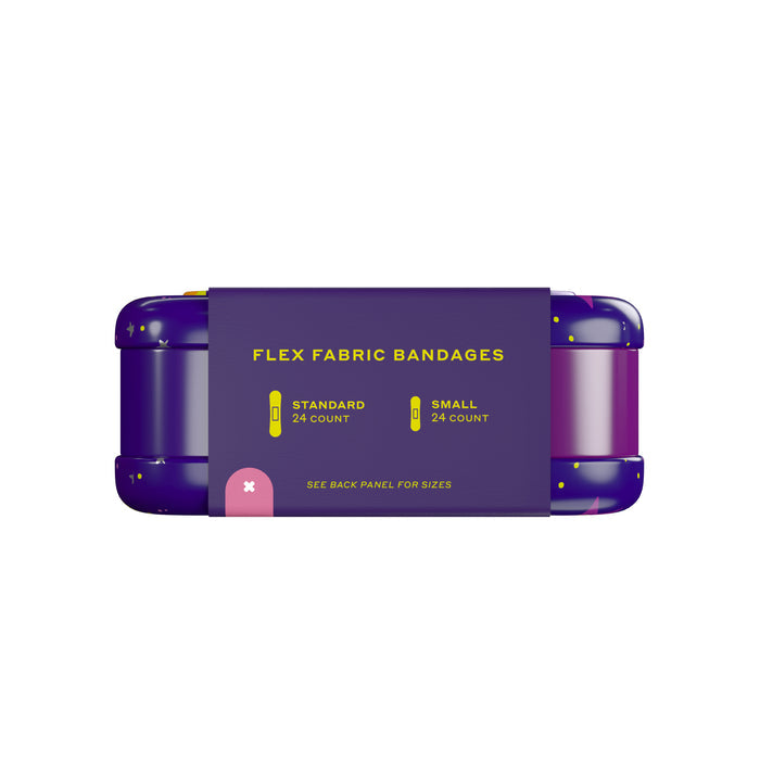A purple metal tin labeled Assorted Space Adhesive Bandages by Welly, featuring yellow text and icons for sizes, contains 24 standard and 24 small bandages against a white background.
