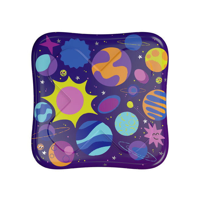 Brighten up minor mishaps with Wellys Assorted Space Adhesive Bandages, featuring colorful planets and stars on a dark blue backdrop. The whimsical celestial design includes vibrant yellows, pinks, blues, and purples in various shapes and sizes for a playful touch.