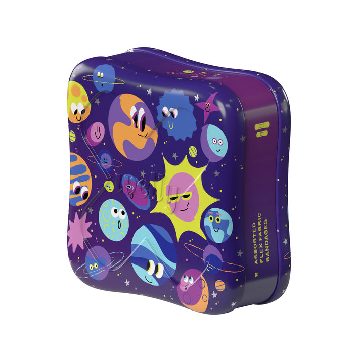 A whimsical, rectangular tin box, featuring cartoon planets and stars with various expressions on a purple background, labeled “Welly Assorted Space Adhesive Bandages,” perfect for latex-free band-aid storage.