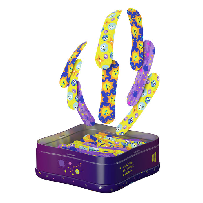 An open purple Welly Assorted Space Adhesive Bandages box reveals latex-free, space-themed band aids with vibrant planet, star, and moon designs on a yellow background, offering a cosmic touch to your first-aid kit.