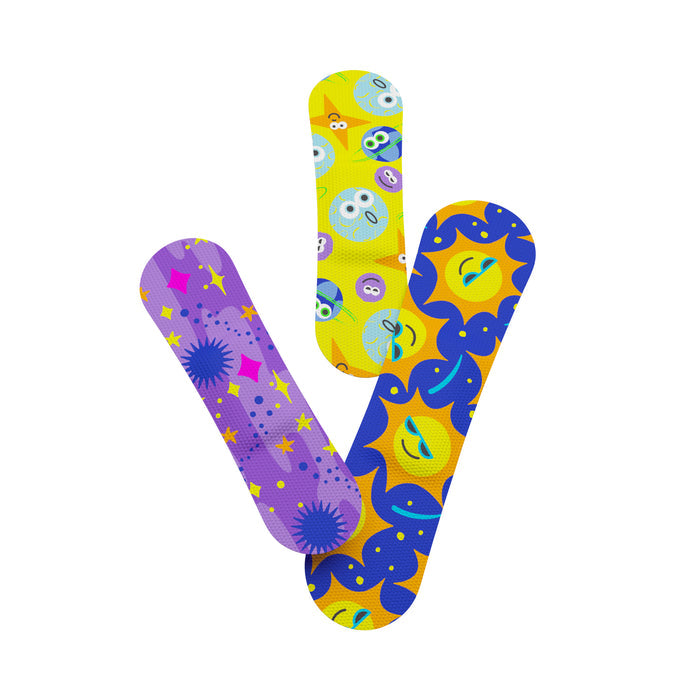 Explore Wellys Assorted Space Adhesive Bandages with lively designs: purple starry skies, green and purple smiling faces, and bright yellow-blue suns. These latex-free band-aids make minor scrapes feel out of this world!.