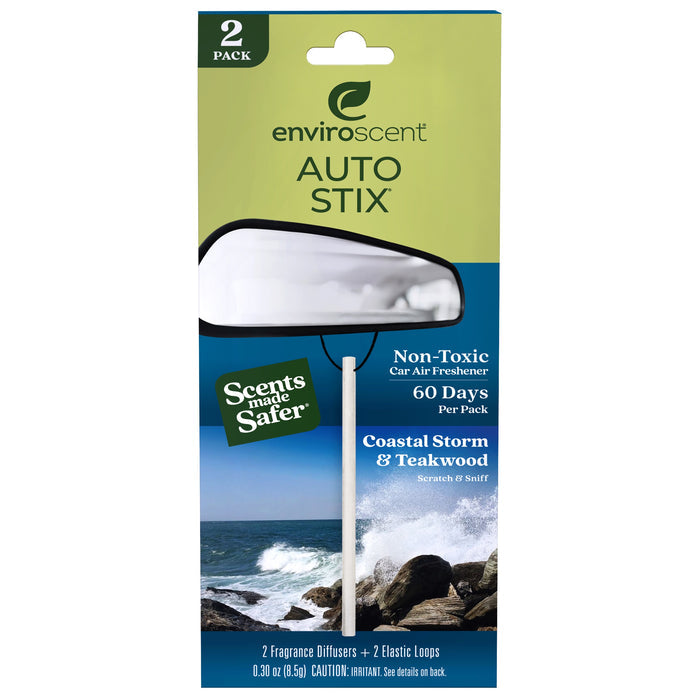 Packaging of Enviroscent Auto Air Freshener Stix featuring a Non-Toxic label, lasting 60 Days, with a Coastal Storm & Teakwood scent. Comes with two liquid-free fragrance diffusers and elastic loops against an eco-friendly seascape background with waves.