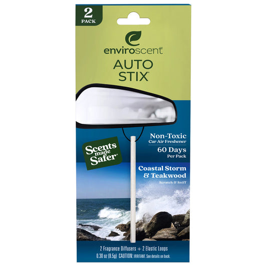 Packaging of Enviroscent Auto Air Freshener Stix featuring a Non-Toxic label, lasting 60 Days, with a Coastal Storm & Teakwood scent. Comes with two liquid-free fragrance diffusers and elastic loops against an eco-friendly seascape background with waves.