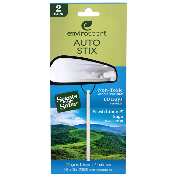 Packaging for Enviroscents Auto Air Freshener Stix in Fresh Linen & Sage showcases a car mirror and green landscape. It highlights 60 Days Per Pack and Scents Made Safer, emphasizing an eco-friendly, nontoxic formula without any liquid.