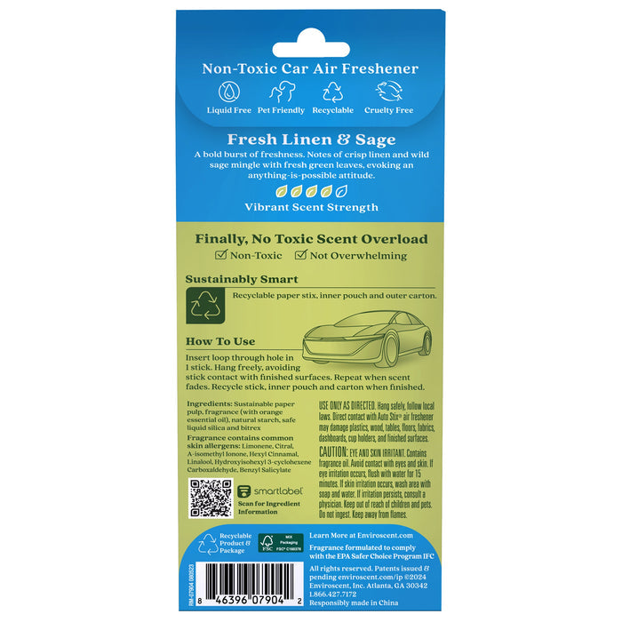 The image features the back packaging of Enviroscents Auto Air Freshener Stix, highlighting its eco-friendly, non-toxic nature. It boasts a fresh linen and sage scent with a liquid-free design made from recyclable materials, along with usage and recycling instructions.