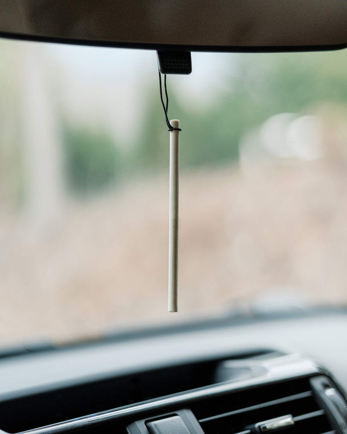 An Enviroscent Auto Air Freshener Stix complements a gray metal straw hanging from the rearview mirror against a blurred outdoor backdrop of greenery and sand, enhancing the cars eco-friendly vibe.