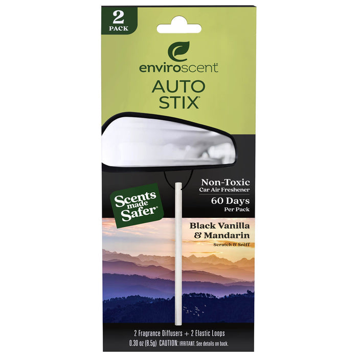 The image shows the Enviroscent Auto Air Freshener Stix packaging, an eco-friendly car scent with two 60-day Black Vanilla & Mandarin diffusers. Emphasizing Scents made Safer, it highlights a rearview mirror illustration and a liquid-free design.