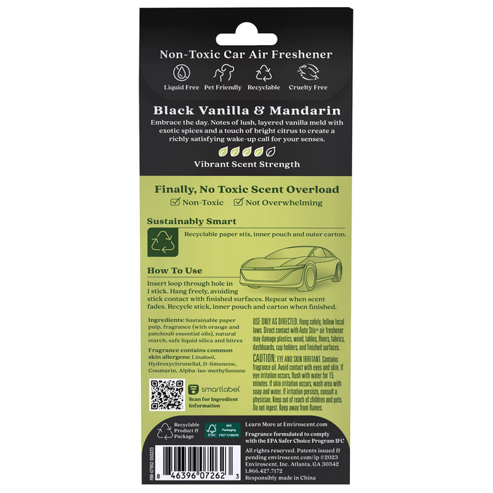 The package features Enviroscents liquid-free, nontoxic Auto Air Freshener Stix in Black Vanilla & Mandarin. Its recyclable, cruelty-free, eco-friendly, and includes instructions and recycling info with a green car image.