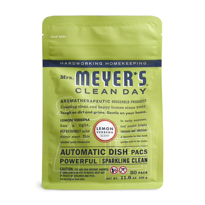 Mrs. Meyers Automatic Dish Pacs come in a lime green pouch with Lemon Verbena scent, featuring an oxygen-bleach formula for aromatherapeutic cleaning. This package includes 20 pacs weighing 11.6 oz, which are tough on dirt but gentle on your home.