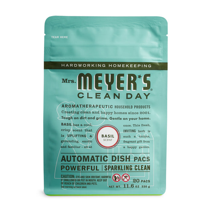 A teal pack of Mrs. Meyers Automatic Dish Pacs with an oxygen-bleach formula and basil scent contains 20 pods, weighing 11.6 oz, noted for its cleaning power and fresh herbal fragrance while being gentle on hands.