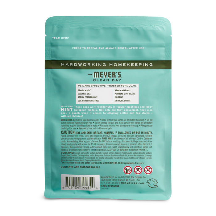 A teal packet of Mrs. Meyers Automatic Dish Pacs highlights the oxygen-bleach formula, detailed ingredients, usage instructions, product features, environmental icons, and safety cautions for a worry-free clean.