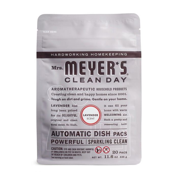 Mrs. Meyers Automatic Dish Pacs come with an oxygen-bleach formula for powerful cleaning. The lavender-scented pack contains 20 dishwasher pods, weighs 11.6 oz, and emphasizes effectiveness and freshness.