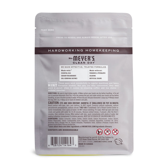 A resealable gray plastic pouch of Mrs. Meyers Automatic Dish Pacs features an oxygen-bleach formula, includes product details, ingredients, and usage instructions, and has a barcode at the bottom with cautionary icons below the text.