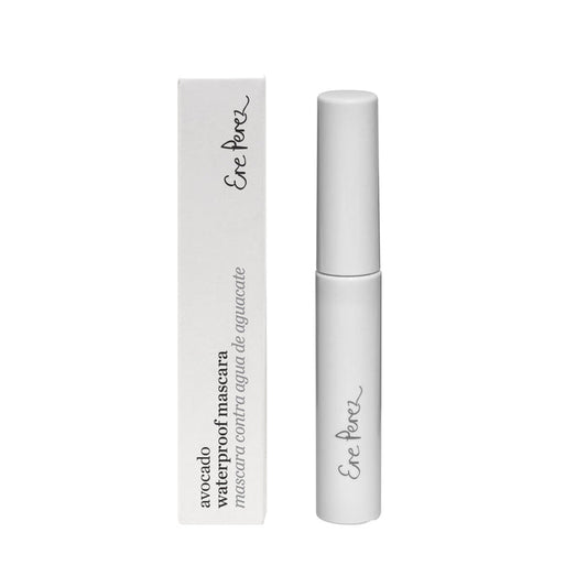 The white mascara tube and box feature the Ere Perez branding, with the product name Avocado Waterproof Mascara in English and Spanish. This vegan mascara is nourishing and showcases a minimalist design.