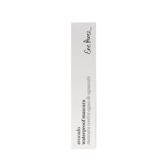 Ere Perezs Avocado Waterproof Mascara comes in minimalist packaging. The white box, with sleek black text for the brand and product info, emphasizes its vegan, nourishing formula and waterproof promise.