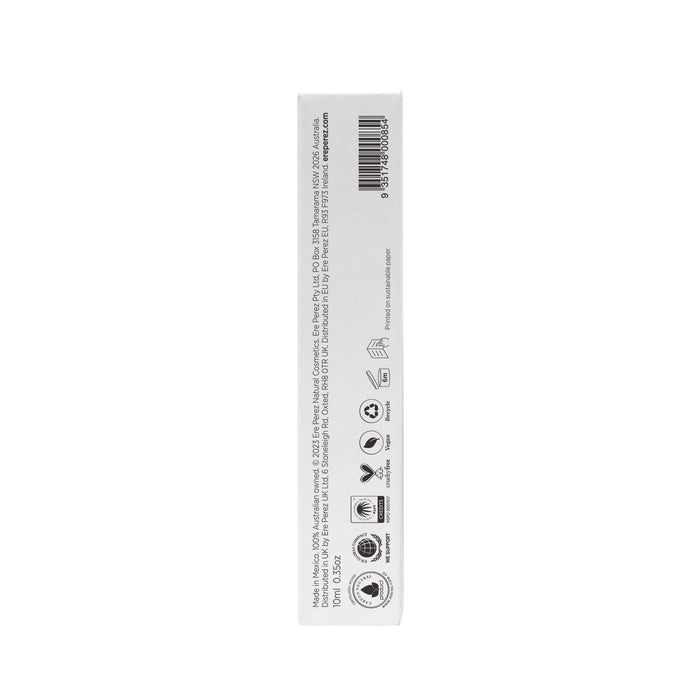 The side of the Avocado Waterproof Mascara box by Ere Perez displays certification and recycling icons, a barcode, and multilingual info about compliance and manufacturing. The box is white with black text.