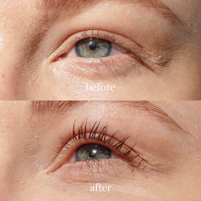 Close-up of an eye in two images labeled before and after. The before image shows natural lashes and slight creasing, while the after highlights longer, darker lashes and smoother skin thanks to Ere Perez Avocado Waterproof Mascaras nourishing oil-infused vegan formula.