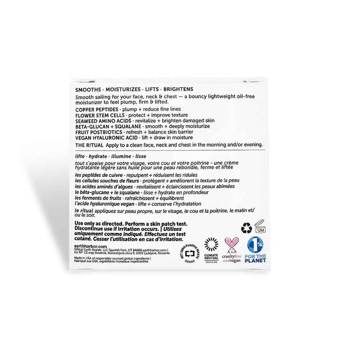 The AZURE Smooth Neck + Face Water Cream by Earth Harbor comes in a box with multilingual details, highlighting benefits such as moisturizing, lifting, and brightening. It contains regenerative ingredients like copper peptides, flower stem cells, and seaweed amino acids. Instructions and recycling icons are clear.