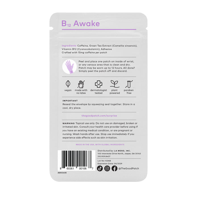 The image shows the back of The Good Patchs B12 Awake Patch packet with ingredients like caffeine and green tea extract. It includes usage instructions, warnings, vegan and recyclable icons, plus social media details at the bottom.