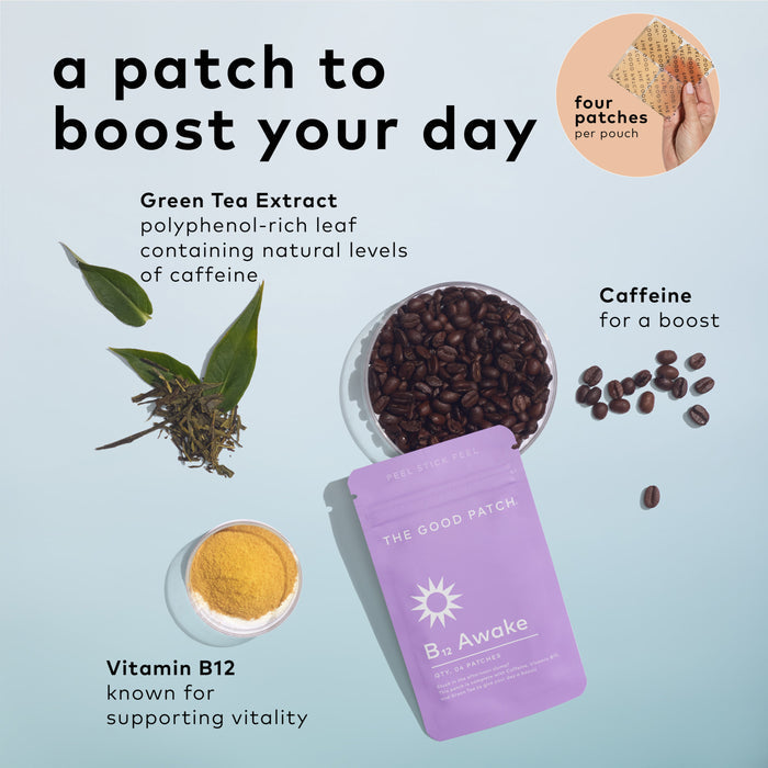 A promotional image for The Good Patchs B12 Awake Patch features a light purple pouch surrounded by green tea leaves, coffee beans, and bright yellow Vitamin B12 powder, showcasing caffeine and polyphenols as key ingredients for energy.
