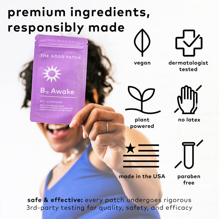 A person smiles while holding a B12 Awake Patch from The Good Patch, infused with Vitamin B12 and caffeine. Icons show its vegan, dermatologist-tested, plant-powered, latex/paraben-free, made in the USA. Text highlights safe ingredients and third-party testing.