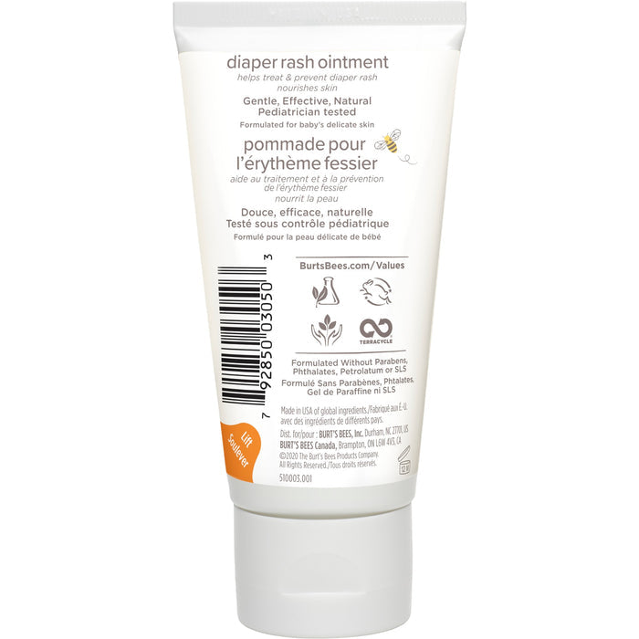 Burts Bees Baby Bee Diaper Rash Ointment, enriched with zinc oxide and sweet almond oil, has bilingual English-French labeling. Pediatrician tested for delicate skin, the brand name is prominently displayed with a barcode and ingredient list.