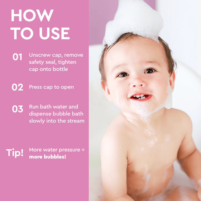 A joyful baby splashes in the bubble bath, surrounded by a gentle lather of Baby Bubble Bath (Hypoallergenic) vegan soap. On the left, instructions guide parents on maintaining smiles while caring for sensitive skin. #common #scent_lavender-vanilla